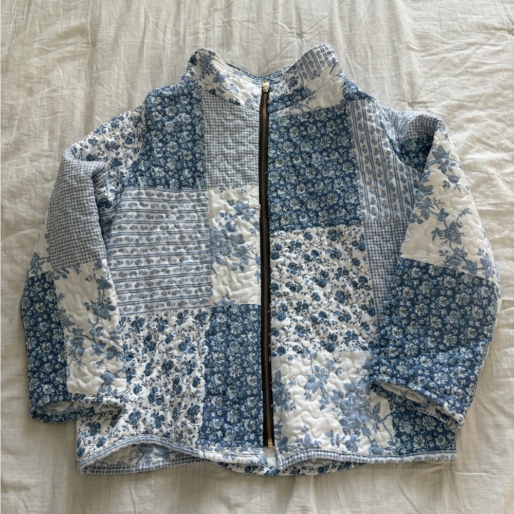 Blue & White Patchwork Quilted Zip Jacket - image 1